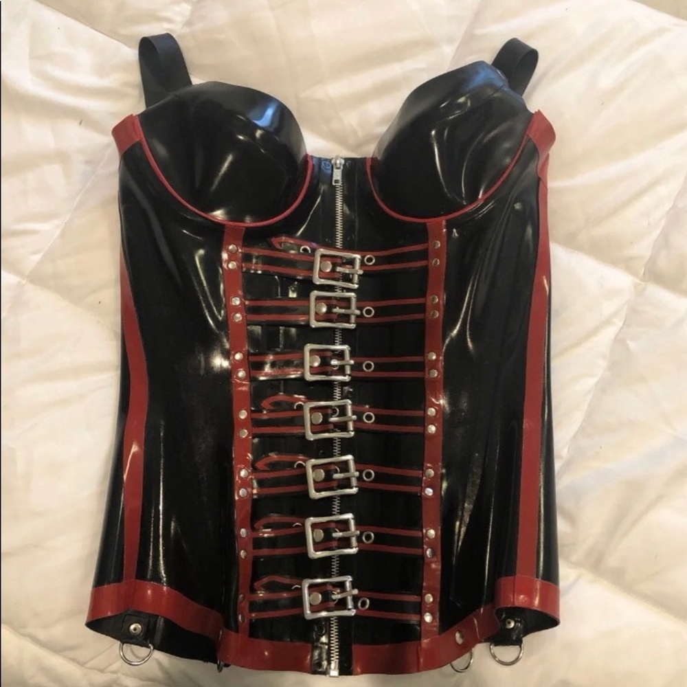 Buckle Front Red Black Latex Fetish Corset